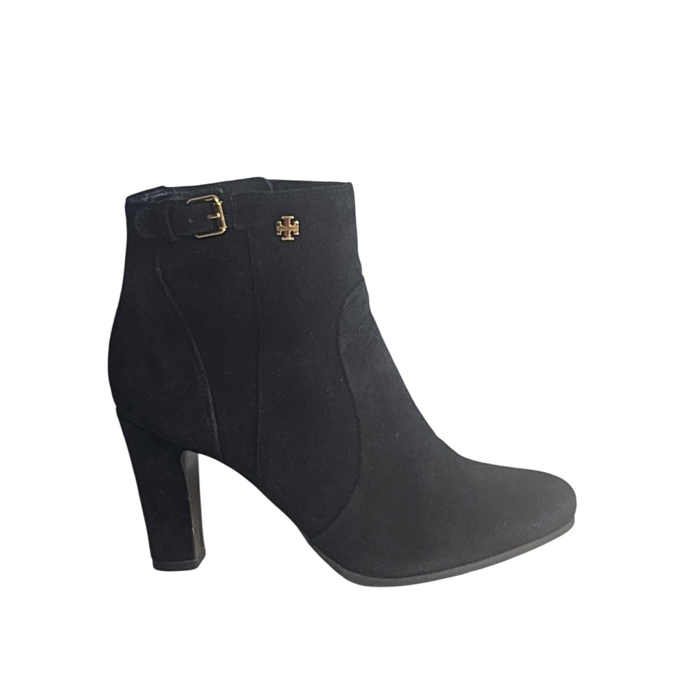 Tory Burch Milan Black Suede Ankle Boots Gold Hardware Block Heel 7 31138372